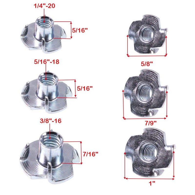 Omama T-Nut 1/4"-20,5/16"-18, 3/8"-16, (100 Pack) 4 Pronged Tee Nut Assortment Kit,for Rock Climbing Holds, Wood, Cabinetry, etc. - Image 2